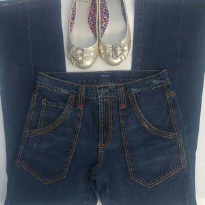 Karen Kane Retro Bootcut With Distressed Front & Back Dark Wash Jeans SZ 2